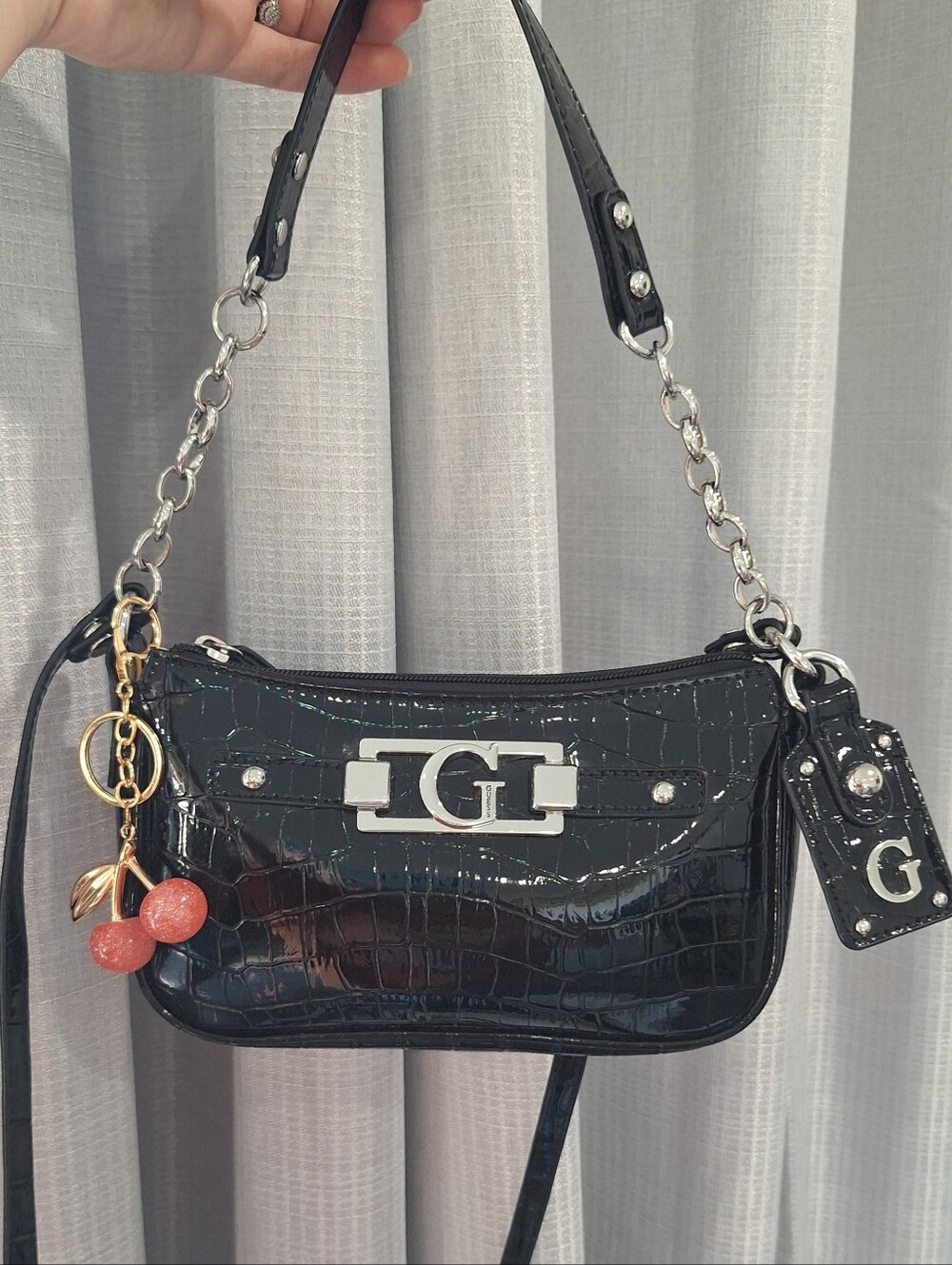 Guess Black Croc Shoulder Bag With Crossbody Strap - Picture 2 of 4
